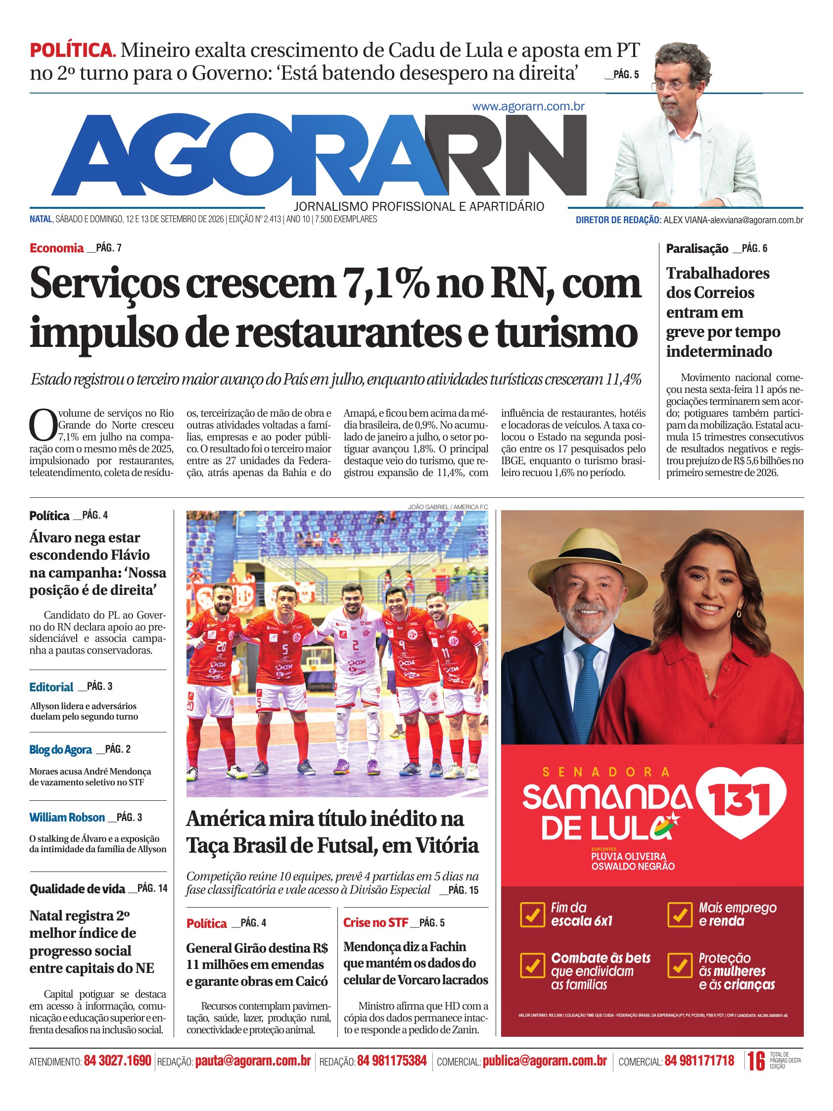 Capa do Agora RN, edição 2.413, de 12 e 13 de setembro de 2026