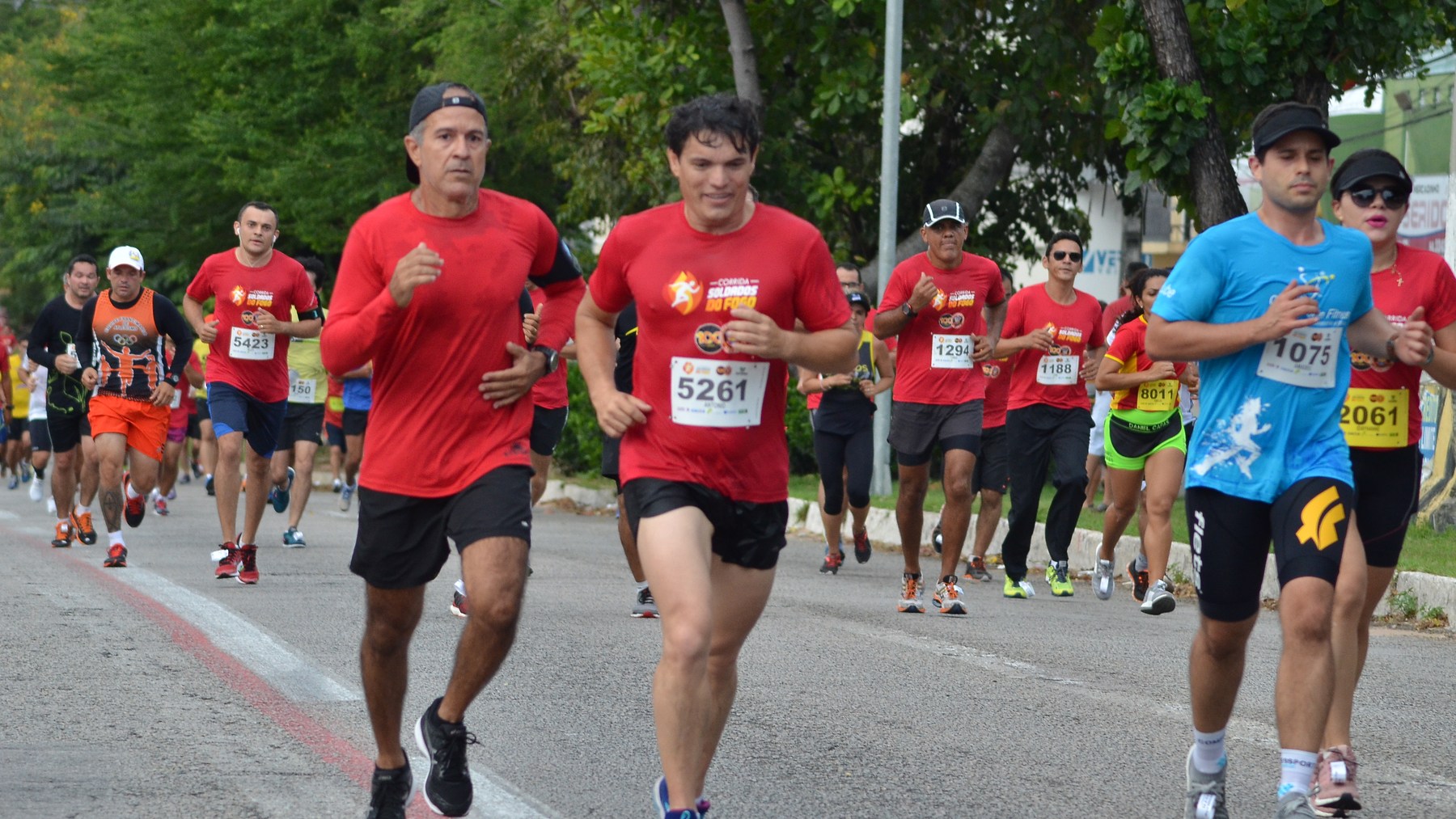 Grupo de corredores, a maioria com camisetas vermelhas e números de peito, correndo por uma avenida arborizada
