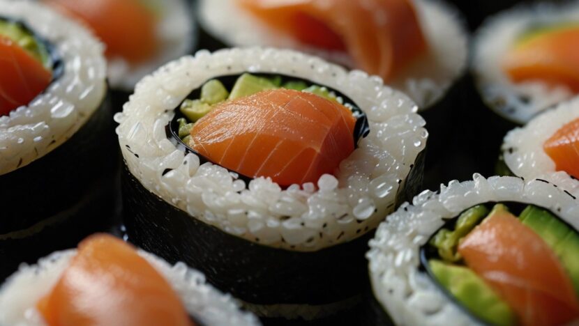 Close de peças de sushi enroladas em alga, com arroz branco, salmão e abacate