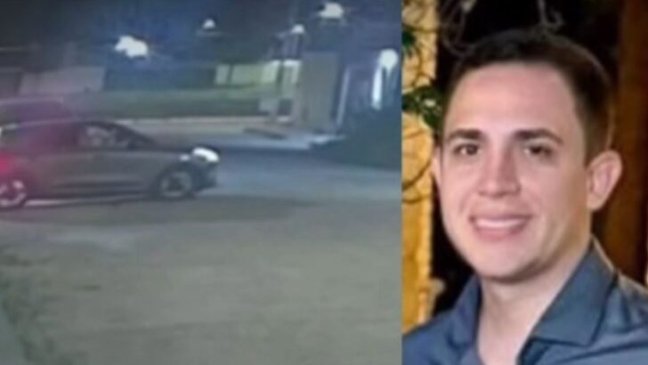 Montagem com imagem de câmera de segurança de rua à noite e retrato de homem jovem sorrindo