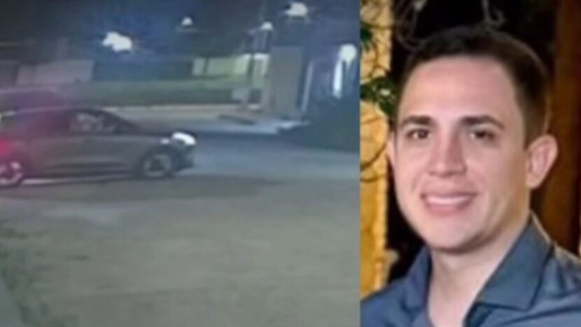 Montagem com imagem de câmera de segurança de rua à noite e retrato de homem jovem sorrindo