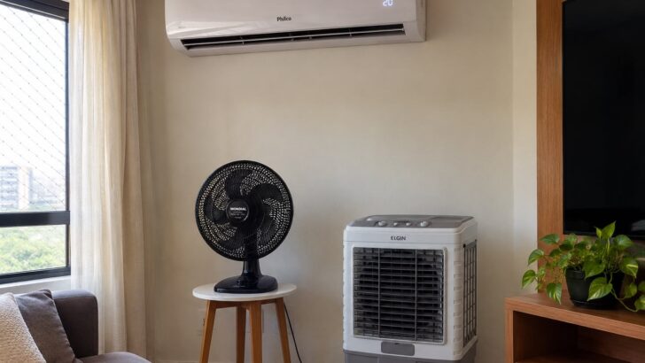 Sala com ventilador, climatizador e ar-condicionado de parede
