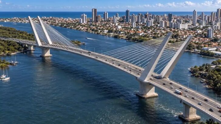 Imagem gerada por computador de uma ponte estaiada sobre o rio, com a cidade e o mar ao fundo