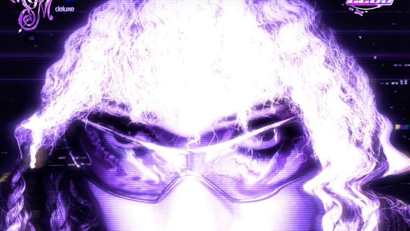 Arte de capa do álbum, em tons de roxo, com o rosto da cantora LEOA de tranças e óculos escuros espelhados e a marca deluxe no canto superior