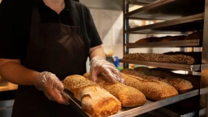 Mãos com luvas seguram bandeja de pães saídos do forno em padaria