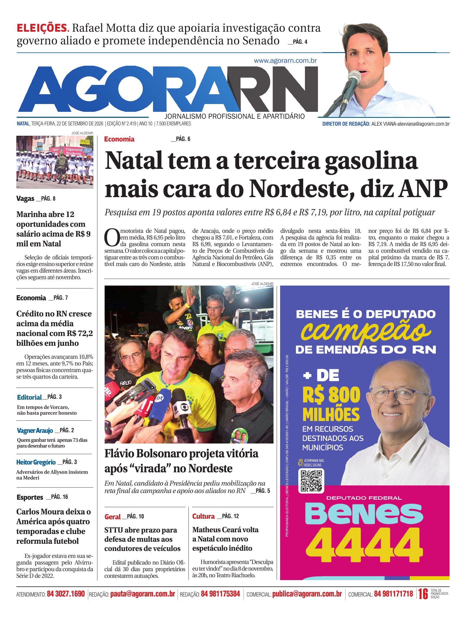 Capa do jornal Agora RN, edição 2.419, de terça-feira 22 de setembro de 2026