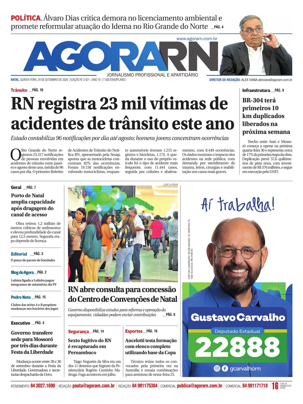 Capa da edição 2.421 do jornal Agora RN, de 24 de setembro de 2026