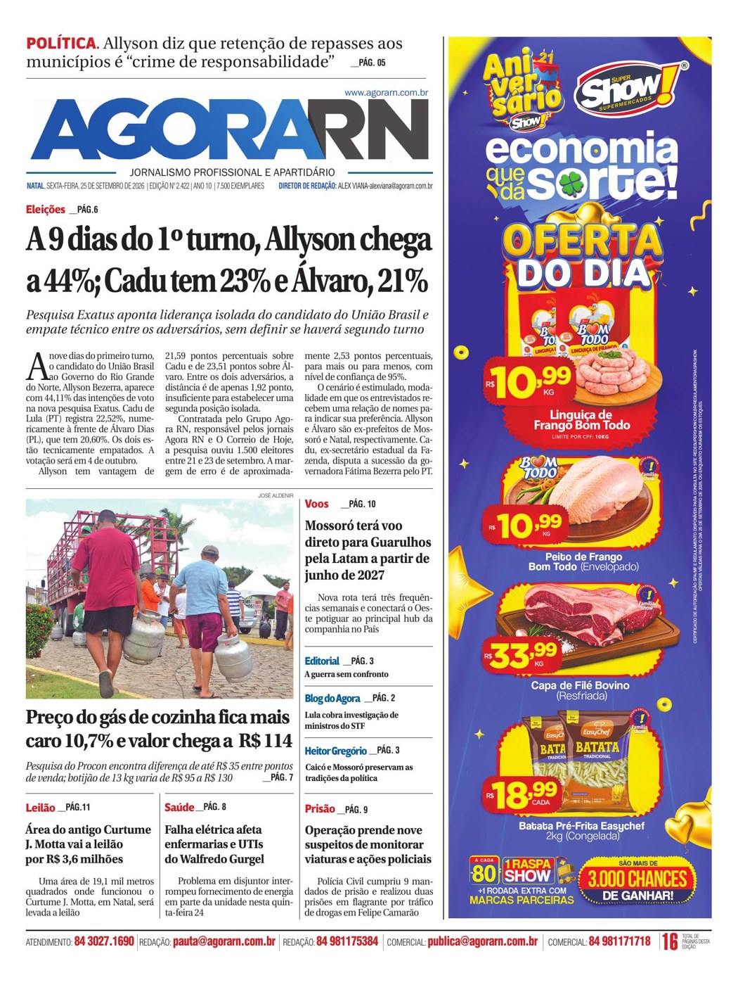 Capa da edição 2.422 do jornal Agora RN, de 25 de setembro de 2026
