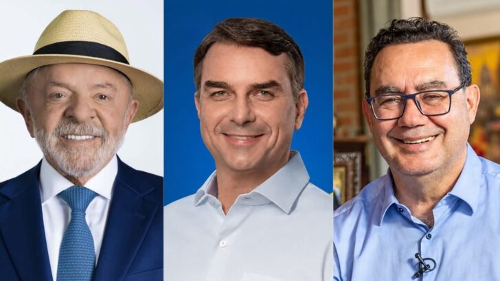 Montagem com Lula, Flávio Bolsonaro e Augusto Cury, candidatos à Presidência da República