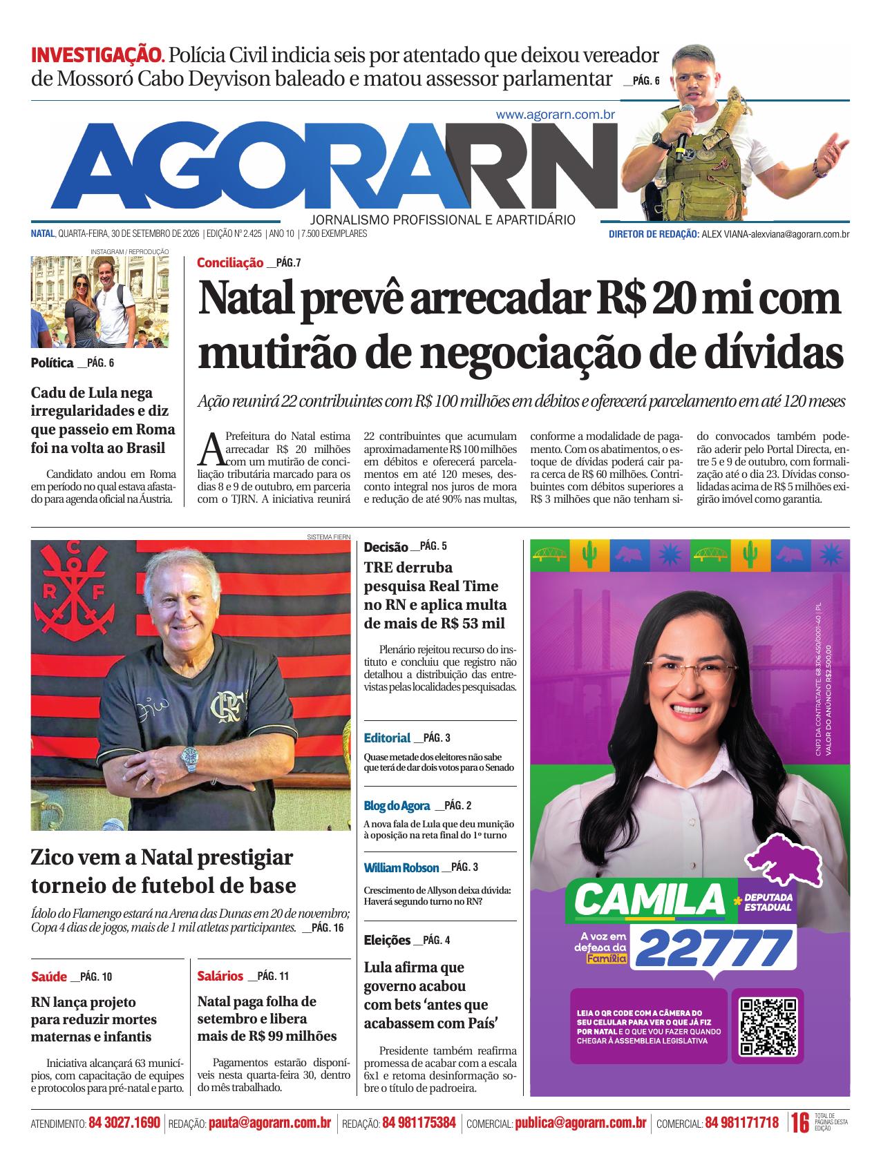 Capa do Agora RN, edição 2.425, de 30 de setembro de 2026