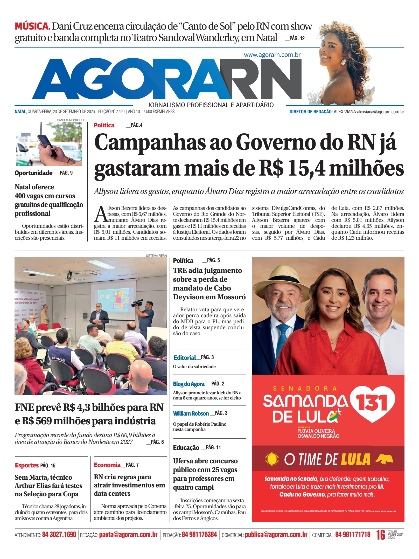 Capa do Agora RN, edição 2.420, de 23 de setembro de 2026