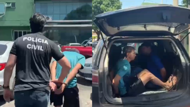 Montagem mostra policial civil conduzindo um homem e dois homens no compartimento traseiro de um veículo