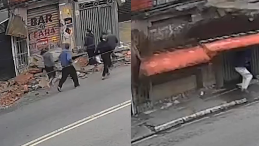 Imagem mostra frame de vídeo de marquise caindo sobre o idoso