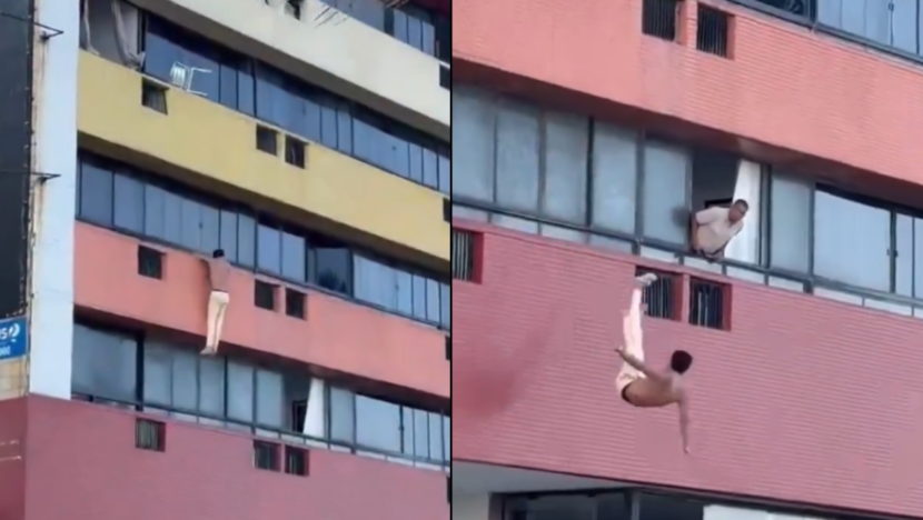 Frames do vídeo do homem caindo do prédio