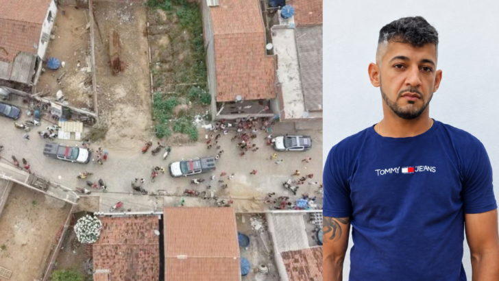Imagem aérea de rua estreita com casas de telhado cerâmico, carros de polícia e dezenas de pessoas reunidas