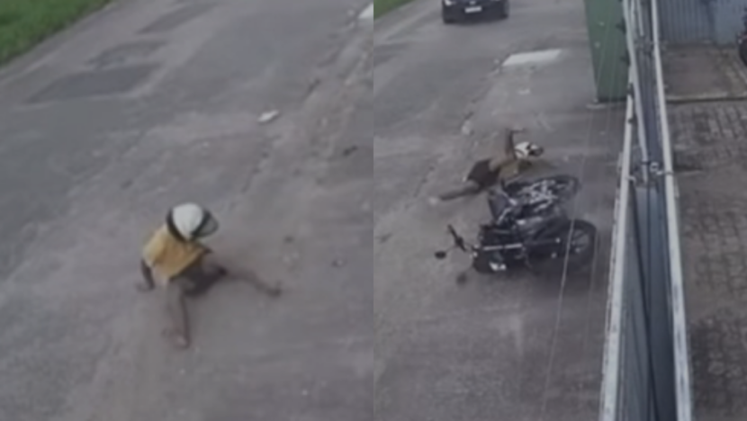 Câmera registrou a queda de um homem que conduzia uma moto roubada em Parnamirim; o veículo foi recuperado pela Polícia Militar - Foto: Reprodução
