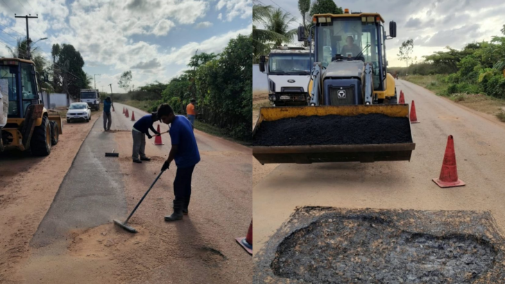 Equipes da Prefeitura de Macaíba trabalham em trecho da RN-160 entre os distritos de Canabrava e Traíras - Foto: Divulgação/ Secom PMM