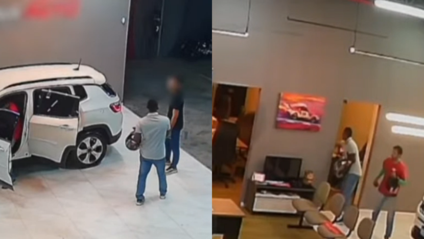 Câmeras de segurança registraram a movimentação dos suspeitos dentro da loja de veículos - Foto: Reprodução/ TV Tropical