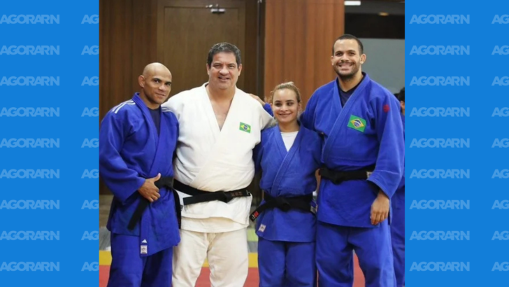 Quatro judocas posam para foto em área de treinamento; três deles são citados na matéria como representantes do Rio Grande do Norte no Mundial Paralímpico de Judô