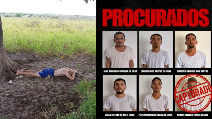 Montagem mostra homem deitado em área rural e cartaz de procurados com um dos seis retratos marcado como capturado