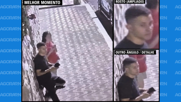 Imagens de câmera de segurança mostram duas pessoas em uma calçada e ampliações do rosto de um homem