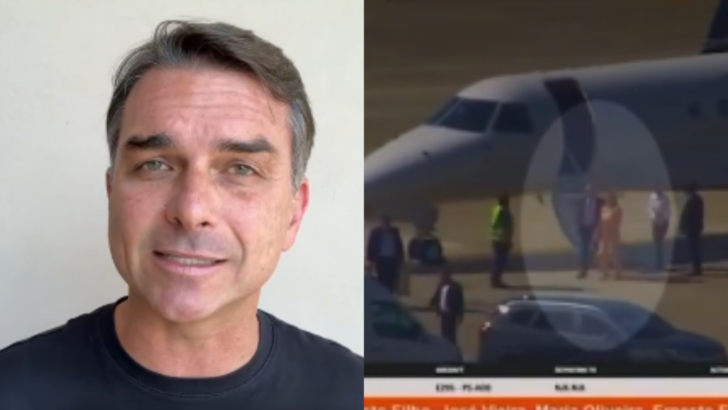 Flávio Bolsonaro criticou Alexandre de Moraes após a divulgação de imagens do ministro e da esposa, Viviane Barci, desembarcando de aeronave ligada a Daniel Vorcaro. - Foto: reprodução