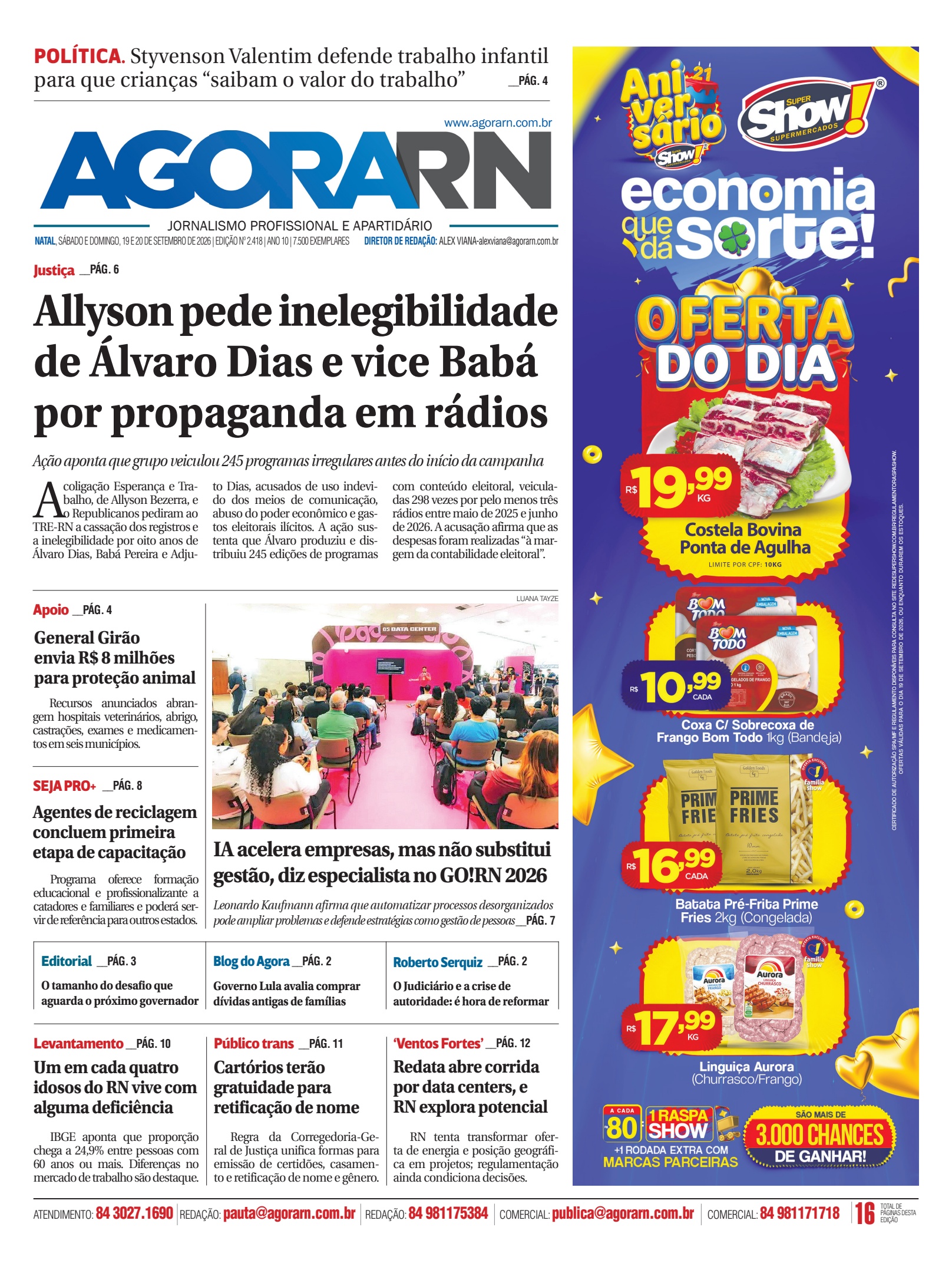 Capa do Agora RN, edição 2.418, de 19 e 20 de setembro de 2026