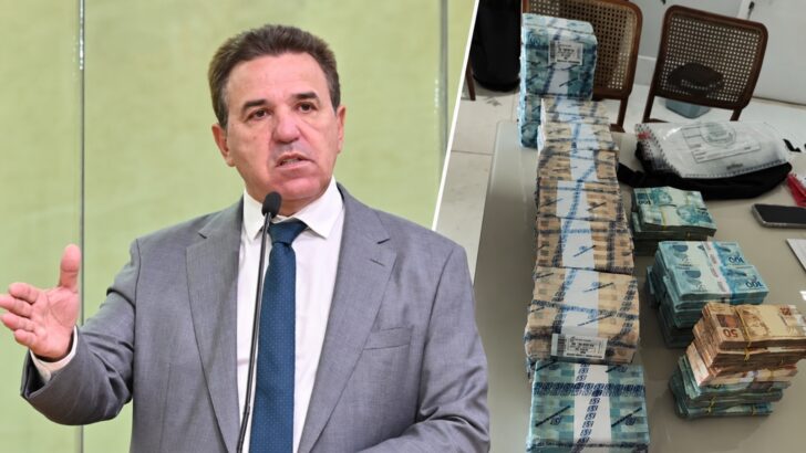 Luiz Eduardo ao lado do dinheiro apreendido pela Polícia Federal, em montagem