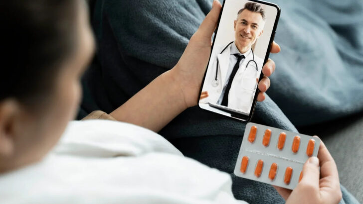 Pessoa deitada segura celular com a imagem de um médico na tela e uma cartela de comprimidos na outra mão