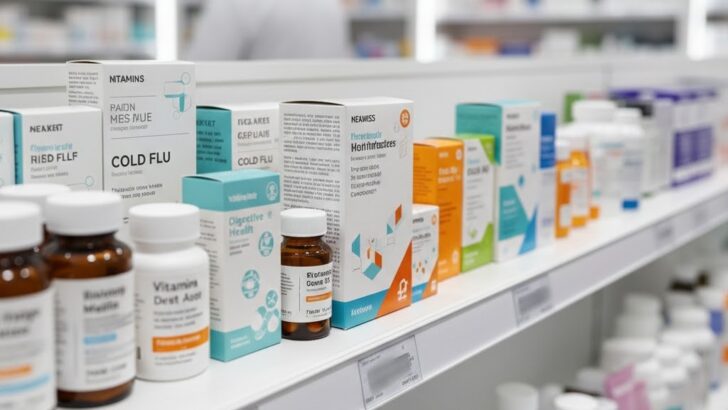 Medicamentos expostos em prateleiras de farmácia