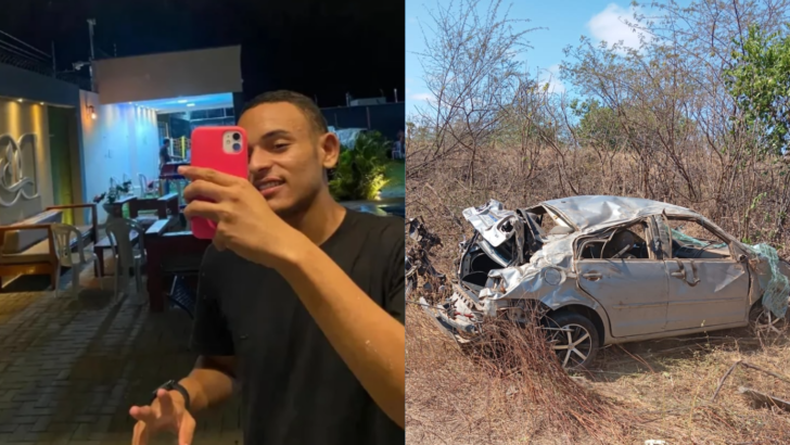 Montagem com Daniel Pablo Oliveira Santos segurando um celular diante de um espelho e um carro danificado em área de vegetação seca.