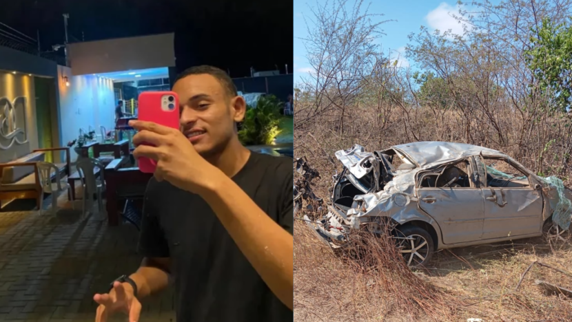 Montagem com Daniel Pablo Oliveira Santos segurando um celular diante de um espelho e um carro danificado em área de vegetação seca.