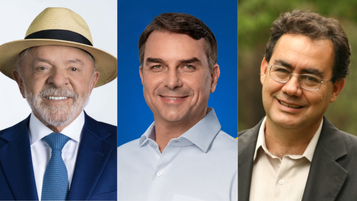 Lula, Flávio Bolsonaro e Augusto Cury em montagem sobre pesquisa Exatus no Rio Grande do Norte