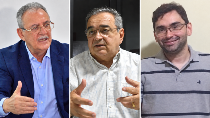 Retratos de George Antunes, Álvaro Dias e Adjuto Dias, da esquerda para a direita.