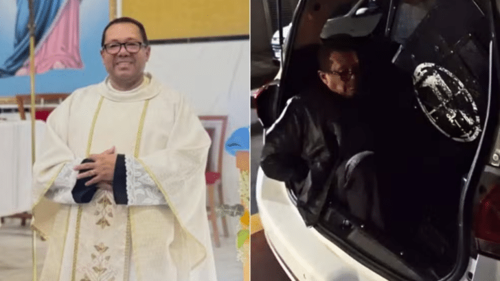 Montagem mostra o padre Jucelino de Oliveira com vestes religiosas claras e, ao lado, sentado em um veículo durante a prisão.