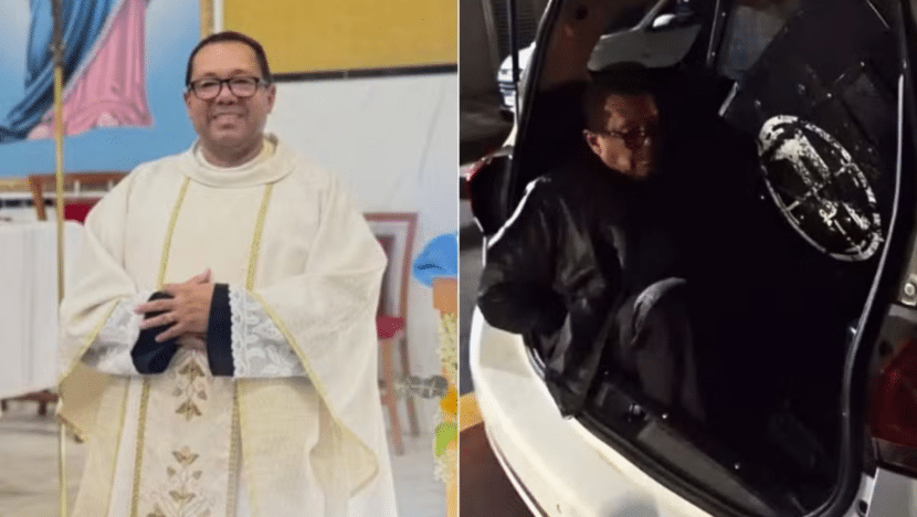 Montagem mostra o padre Jucelino de Oliveira com vestes religiosas claras e, ao lado, sentado em um veículo durante a prisão.