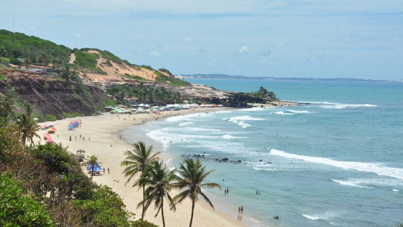 Vista da Praia do Amor, em Pipa, com falésias, coqueiros e faixa de areia