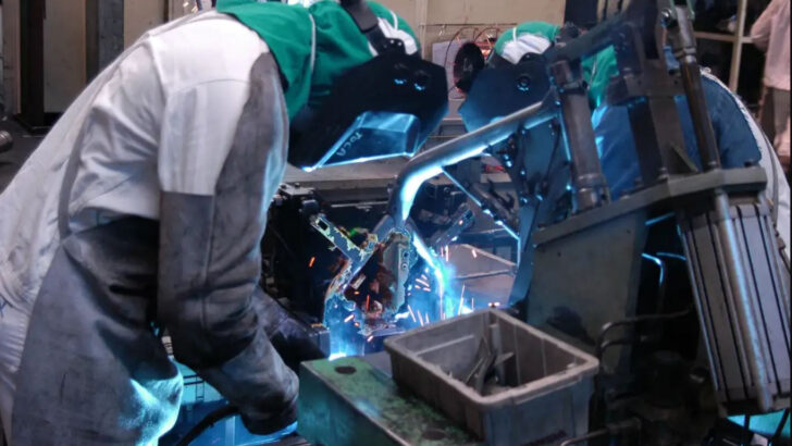 Trabalhador solda peças em linha de produção industrial