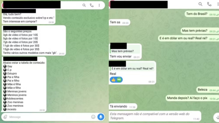 Captura de tela de conversa no Telegram usada para anunciar vídeos de abuso sexual infantil, com imagens ocultadas