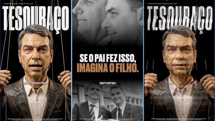 Montagem da propaganda com imagens de Flávio Bolsonaro e referência a cortes