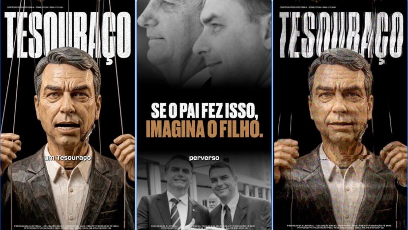 Montagem da propaganda com imagens de Flávio Bolsonaro e referência a cortes