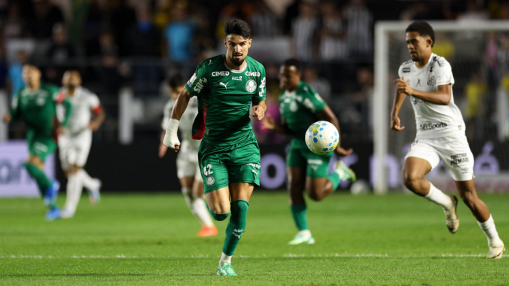 Flaco López disputa a bola no clássico entre Santos e Palmeiras na Vila Belmiro