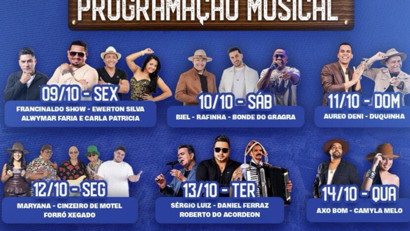 Cartaz da programação musical da Festa do Boi, de 9 a 17 de outubro, em Parnamirim
