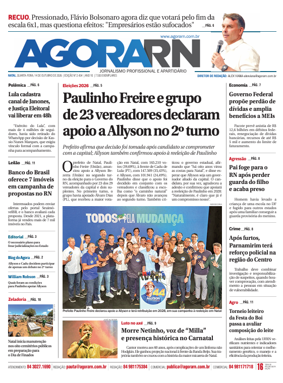 Capa da edição 2.434 do Agora RN, de 14 de outubro de 2026