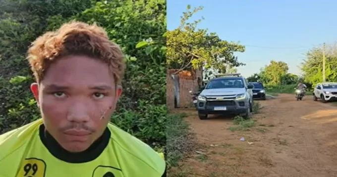 Montagem com a fotografia de um jovem de cabelos claros, usando camisa verde fluorescente, à esquerda, e uma estrada de terra com veículos estacionados e uma motocicleta, à direita