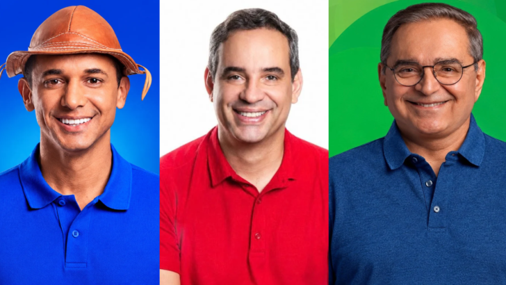 Montagem com Allyson Bezerra à esquerda, de camisa azul e chapéu de couro, Cadu de Lula ao centro, de camisa vermelha, e Álvaro Dias à direita, de camisa azul e óculos