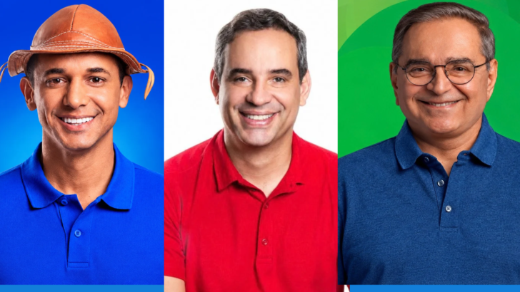 Montagem com Allyson Bezerra à esquerda, de camisa azul e chapéu de couro, Cadu de Lula ao centro, de camisa vermelha, e Álvaro Dias à direita, de camisa azul e óculos