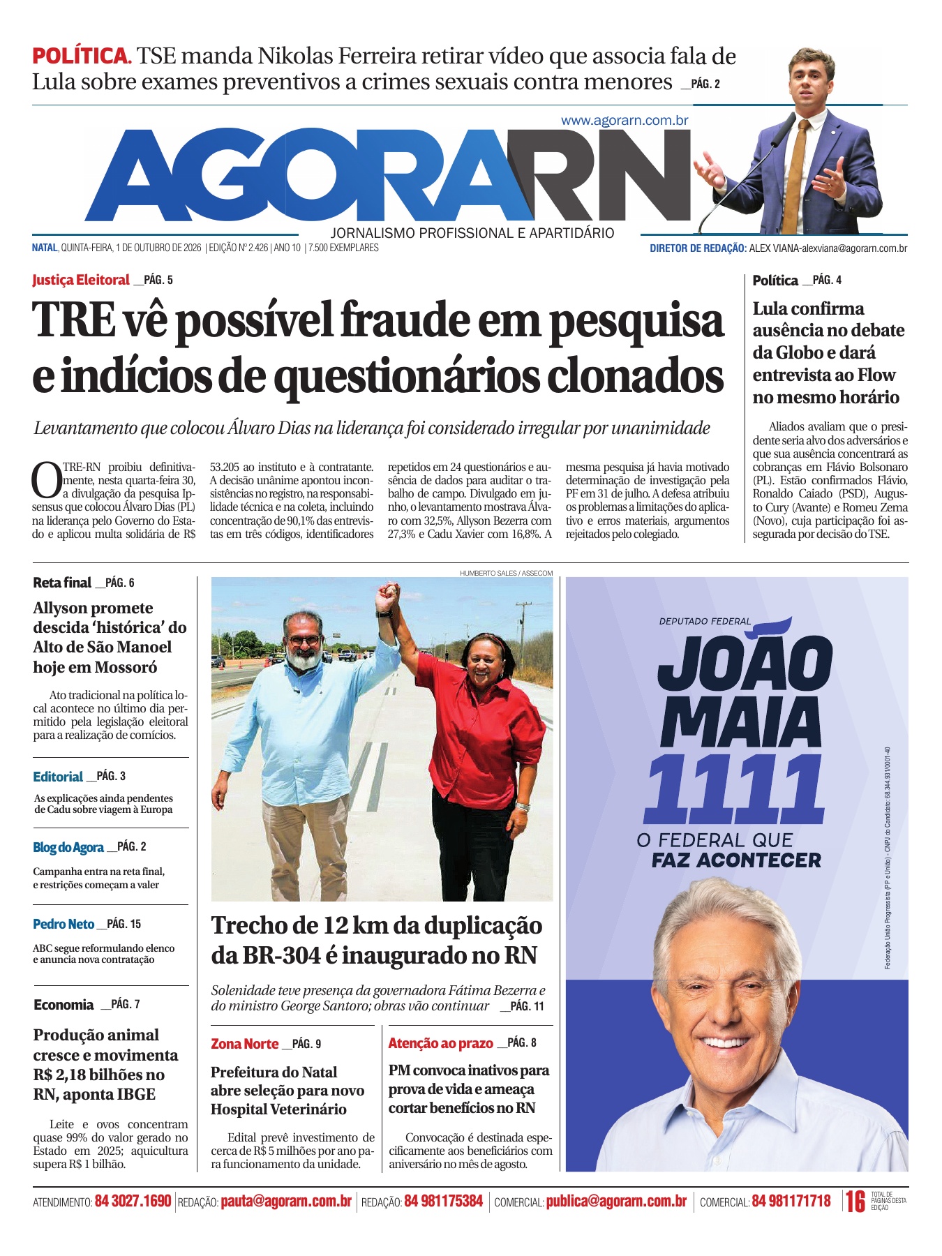Capa do Agora RN, edição 2.426, de 1º de outubro de 2026