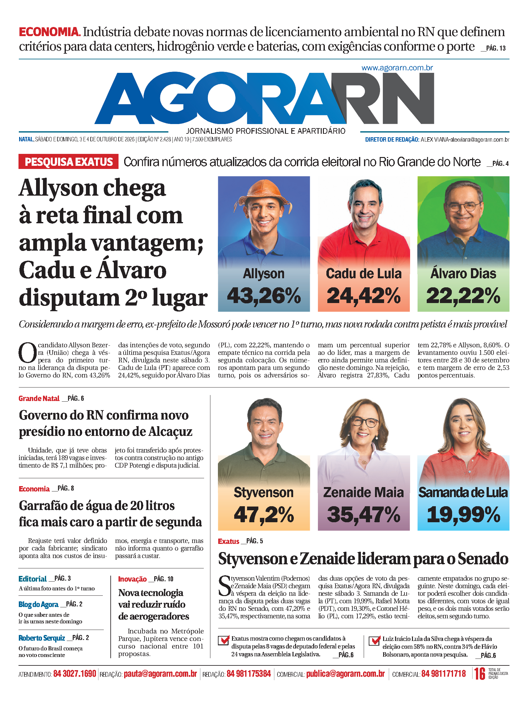 Capa do Agora RN, edição 2.428, de 3 e 4 de outubro de 2026