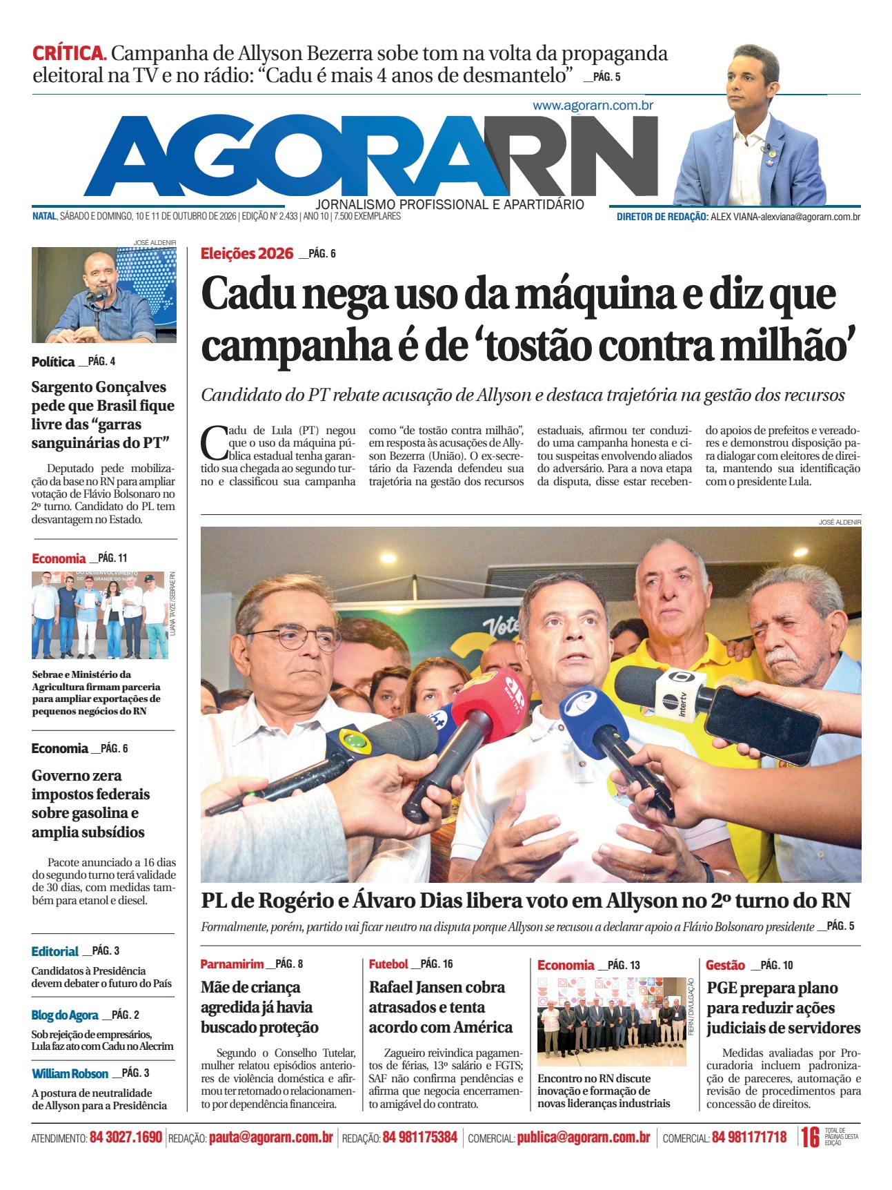 Capa da edição 2.433 do Agora RN, de 10 e 11 de outubro de 2026